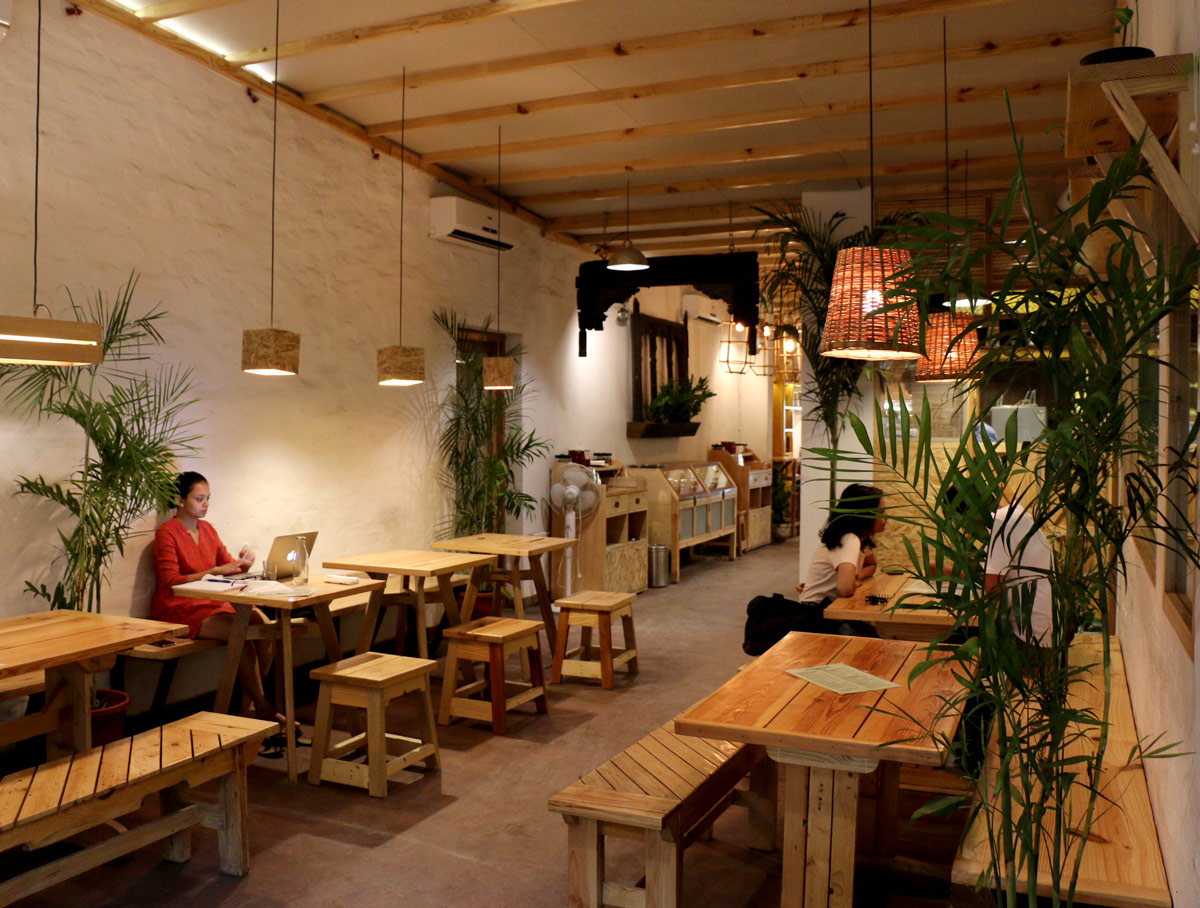 The café set up for a group